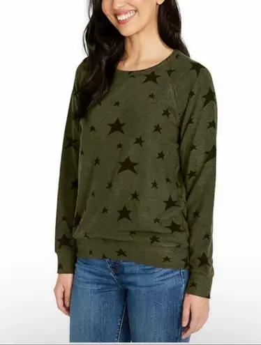 Buffalo Khaki Green Black Star Printed Novelty Print Crewneck Cozy Top NWT