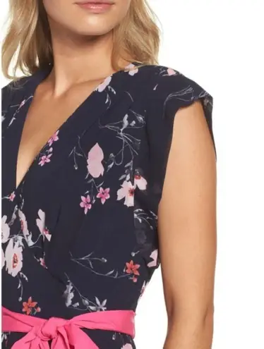Eliza J Hi-Low Faux Wrap Belted Floral Navy Pink Maxi Dress | 2