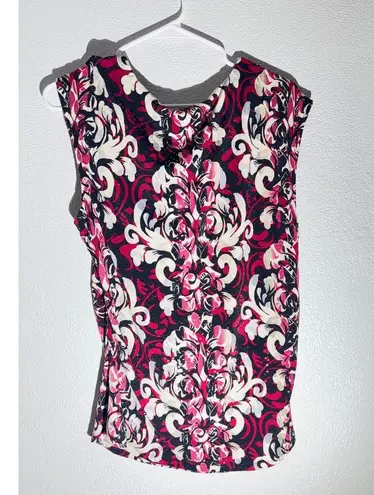 Black, White & Magenta Baroque Print Sleeveless Cowl Neck Blouse XL Pink