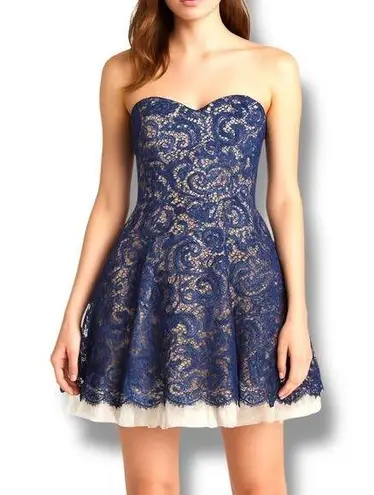 Camille La Vie Navy Blue Strapless Floral Lace Dress Tulle Underskirt Prom 1/2
