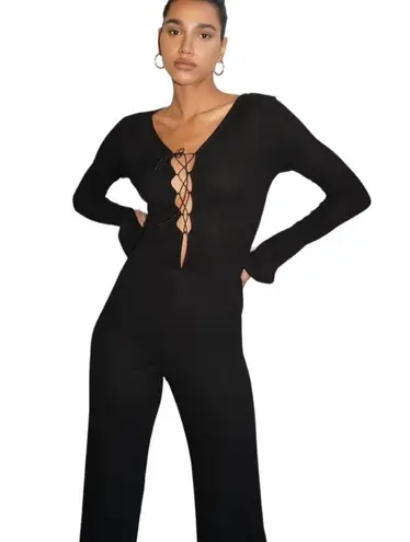 LNA Kalaya Ribbed Knit Black Long Sleeve Bodycon Lace Up Front Jumpsuit Size 1X