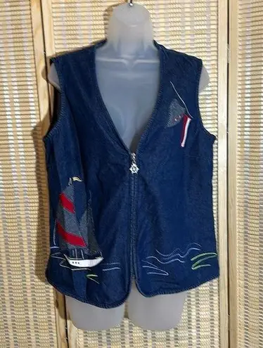Allison Daley Vintage Nautical Theme Blue Denim Zip Front Vest Sailboat Flag 10P