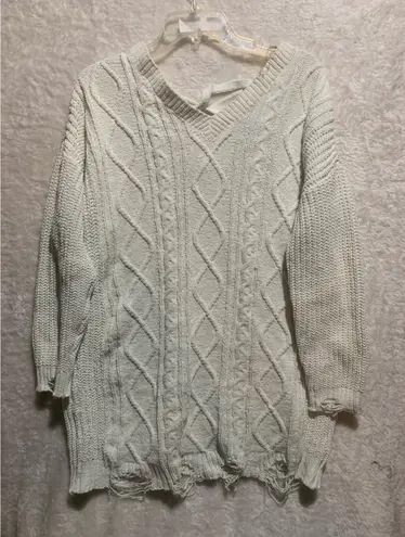 Derek Heart XL Cream Cable Knit Lace Up V Neck Distressed Tunic Sweater