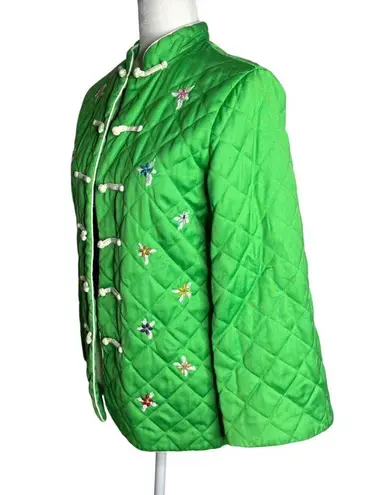 Vintage 70s Alfred Shaheen Quilted Asian Coat Small Green Frog Button Bell Sleev