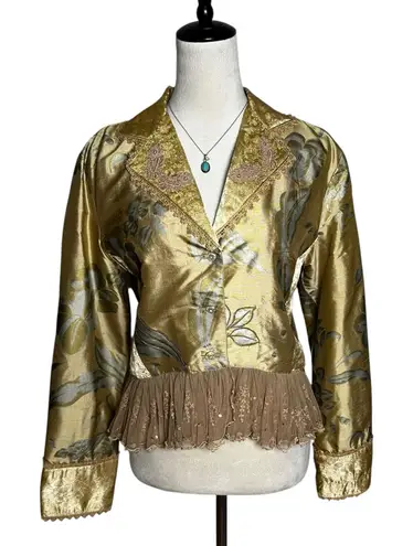 Sandy Starkman Silk Brocade Beaded Ruffle Lace Jacket M | Fairycore Regencycore Gold Size M