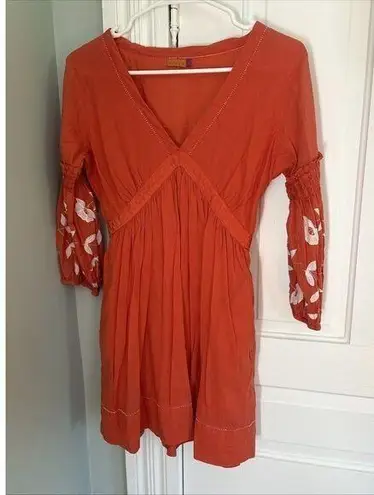 Voile Blanche Orange Embroidered Floral 3/4 Sleeve Dress Size Small
