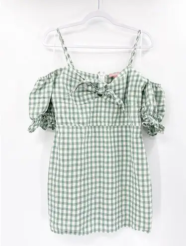 leRumi Mia Green Gingham Print Short Puff Sleeve Bow Front Mini Dress Size L Size L