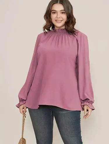 Bloomchic  Plain Lantern Sleeve Ruffle Trim Mock Neck Mauve Blouse 22 24 3X NWT