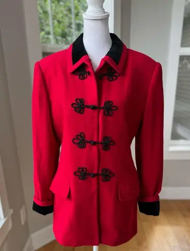 Vintage International Scene Red Wool Blazer Jacket Black Velvet Collar Cording S