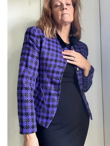 Tahari Vintage 90s Houndstooth Blazer Cropped Size Small 2/4 Fit Purple/Black