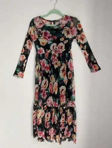 None Floral Mesh Partially Lined Long Sleeve Dress