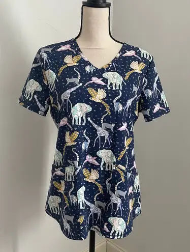 Scrubstar Scrub Top Animal Print size Small Blue Vet Tech Medical Nurse Premium