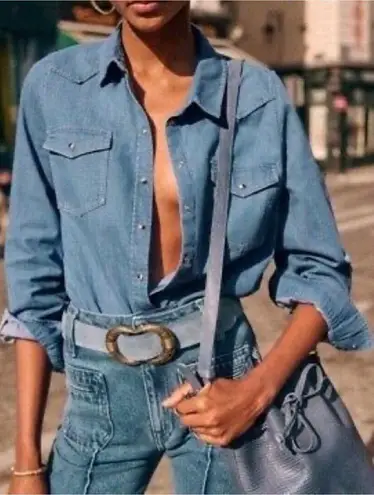 Sézane Sezane Servanne Women's Denim Shirt Long Sleeve Pear Snap Blue Size 34