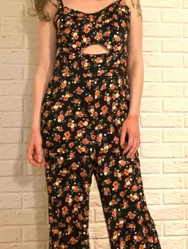Farm Rio Retro Ditsy Floral Pin up Style Wide Leg Jumpsuit, Black, Size 6