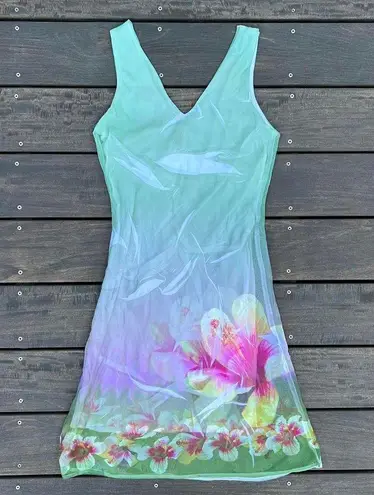 RARE Vintage Y2K Just in Time Green w/ Pink Floral Mini Dress w/ Mesh Overlay Size L