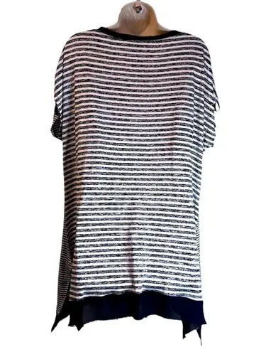 Patrizia Luca Black/White Oversized Striped Top Frayed Lace Neckline & Hem Sz XL Black
