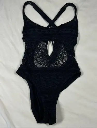 Becca Women's Black Tie-Front Crochet Lace Strappy One-Piece Swimsuit XS