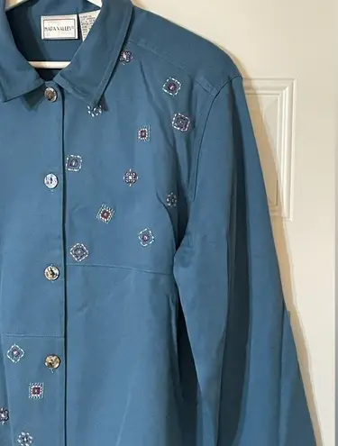 Napa Valley Embroidered Geometric Boho Style Collared Button Down Size Large Blue