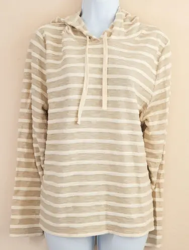 J.Crew Women's Large Beige White Striped Hoodie Long Sleeve Cotton Blend Sweater Tan