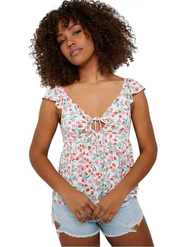 Ardene Strawberry Floral Babydoll Tank Keyhole Tie Front Ruffles White Red XS