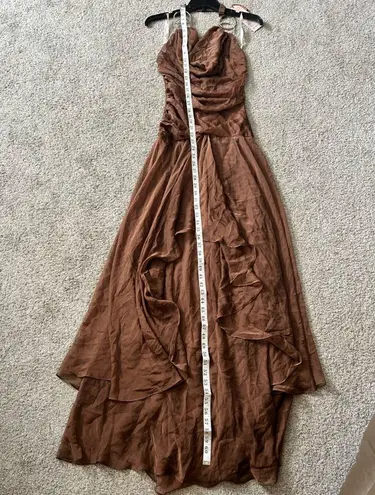 Milano brown Y2K formal prom dress gown. Halter neck hi low appearance floor