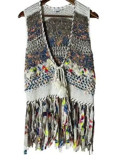 Adore Multi Colored Fringe Knit Cardigan Vest Womens Sz M Boho Western Hippie White Size M