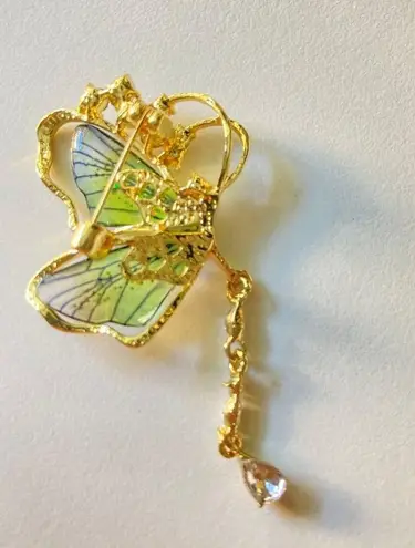 Rhinestone Green Transparent Wings Butterfly Brooch Insect Zircon With Tassel