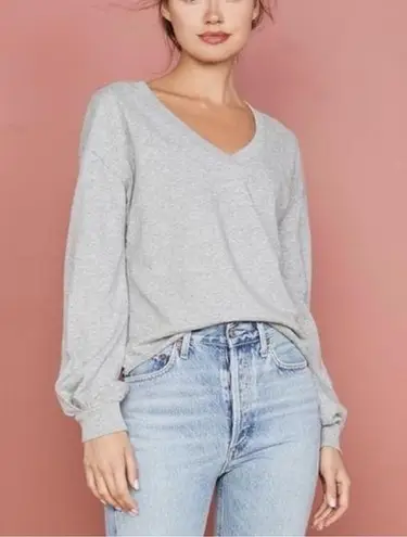 Nation Ltd . Willa Bishop Sleeve Grey V-Neck Knit 100% Cotton Pullover Top Size S