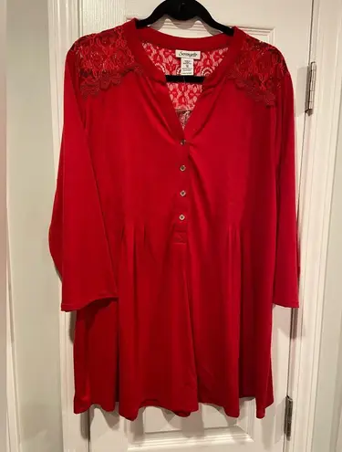NWT Serengeti Size 1X Red Lace 3/4 Sleeve Henley Pintuck Pleated Tunic Top
