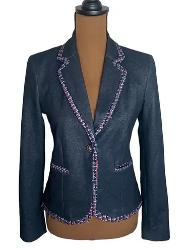 7th Avenue New York & Co denim like tweed ribbon trimmed tailored blazer size S Blue