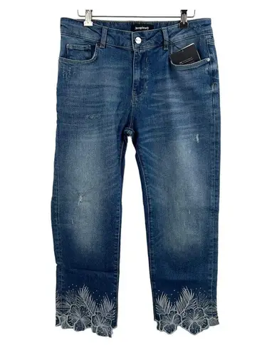 Desigual Boho Embroidered Crystal Embellished Straight Leg Jean US 4 New