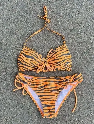 Vintage Y2K True Crush Orange Tiger Stripe Triangle Pushup Bikini Small/Medium