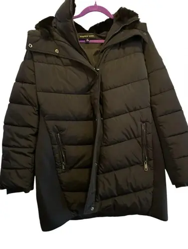 Andrew Marc Women's XL Black Hooded Puffer Jacket MidLength Winter Casual Formal