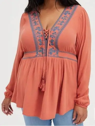 Torrid  CRINKLE GAUZE BOHO BABYDOLL SIZE 1/1X RUSTIC EMBROIDERED‎ - Image 1