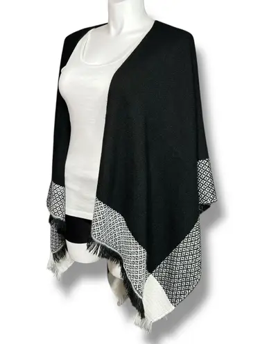 Time and Tru Womens Poncho Sweater Open Front Fringe Hem Black White One Size Size undefined