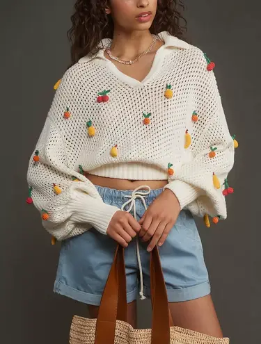 Farm Rio Crochet 3D Fruit Embellishments Sweater, Size M