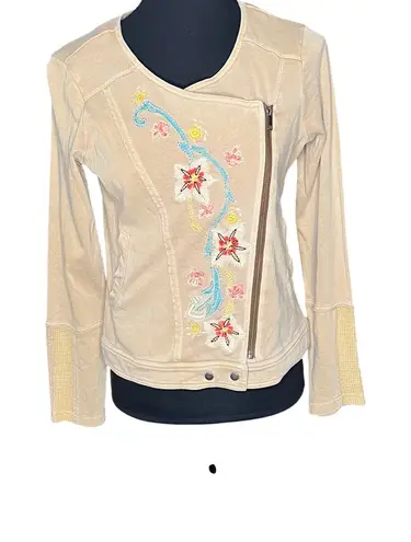 Sundance Womens’ beige floral embroidered moto zip jacket Size 2