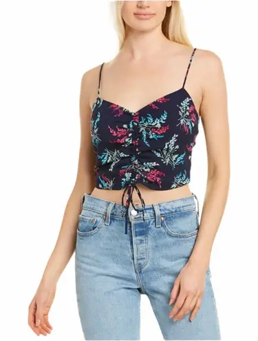 Likely Alias Floral Print Ruched Crop Top Tank Top Cerulean Blue Detail Large
