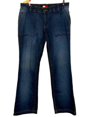 Tommy Hilfiger Tommy Jeans Navy Flare Med Wash Flip Button Back Pocket Size 7 Juniors Y2K - Image 1