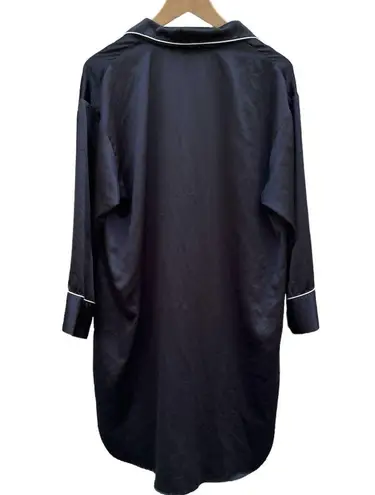 Natori Satin Sleep Shirt White Trim Black Pajama Nightgown Size Medium EUC