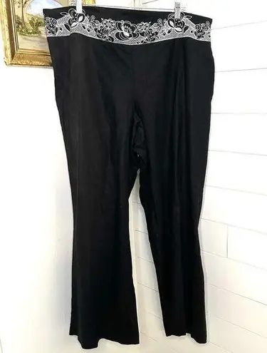 Lane Bryant Linen Blend Embroidered Wide Leg High Rise Pants Boho Black NWT 22