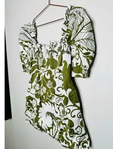 LA DOUBLEJ Green White Printed Puffed Sleeves Square Neckline Mini Dress Size L Size L