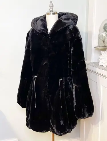 Fabulous Furs Black Hooded Sheared Faux Fur Beaver Anorak Winter Coat Size Small