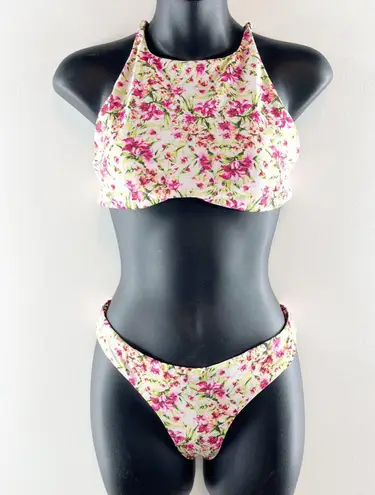 Tinibikini Leopard Floral Reversible Bikini High Neck Set Brown Pink Medium