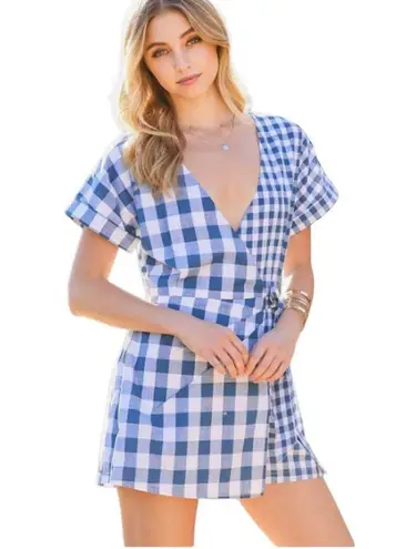 Main Strip New Gingham V Neck Tie Wrap Front Romper Plaid Blue S