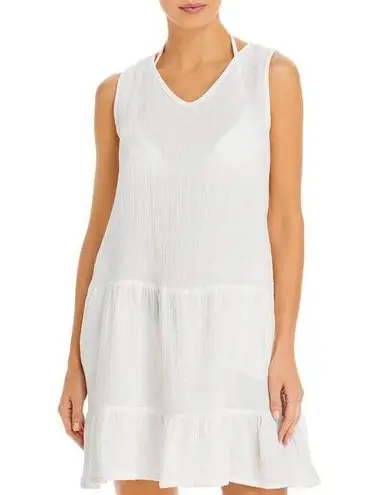 J Valdi White Cotton Gauze Tiered Swimsuit Beach Coverup Tunic Mini Dress Size L Size L