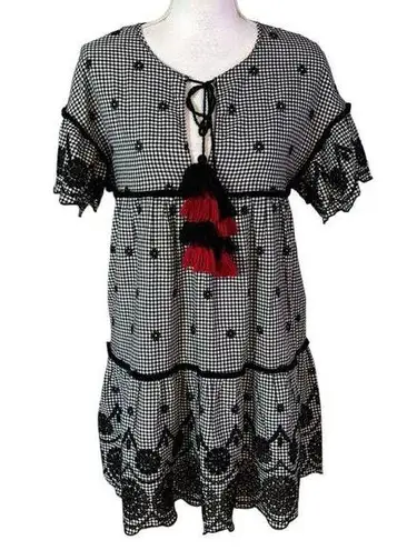 Zara TRF Size M Gingham Embroidered Mini Dress Tassels Boho Eyelet Babydoll Black Size M