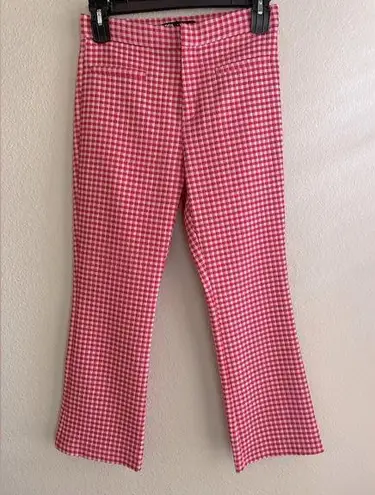 ZARA  Red White Gingham Plaid High Waisted Cropped Mini Flare Pants NWT