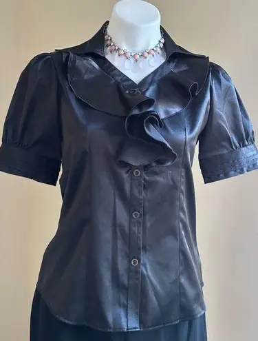 Buttons Color Style Black Satin short Striped Sleeves Metal V Neck Ruffles SZ XL