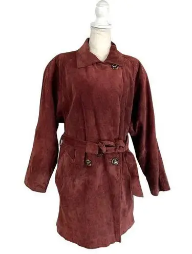 Henri Bendel Vintage Suede Coat Red Leather Belted Double Breasted Cherry